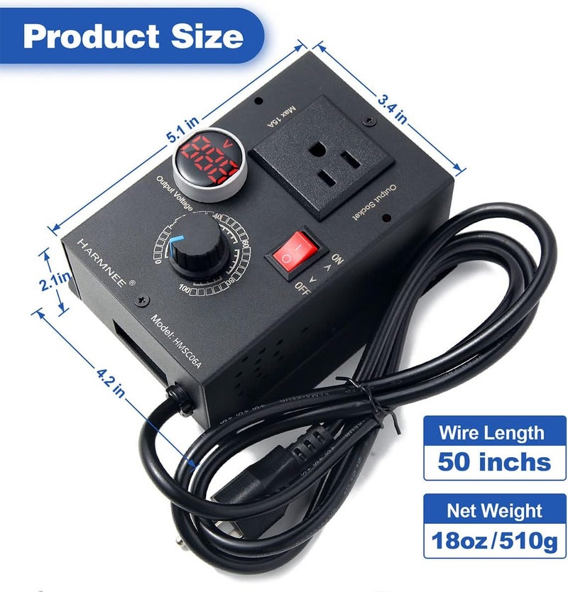 HARMNEE AC Motor Speed Controller 110-120V / 10A Rated / 15A Max, Fan Speed Control AC Electronic Voltage Regulator with Black-Coated Matt Metal Shell & Voltage LED Display Screen - Image 4